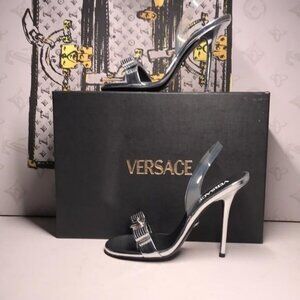 New Authentic Versace Silver Metallic High Heel Sandals – Gianni Ribbon Detail